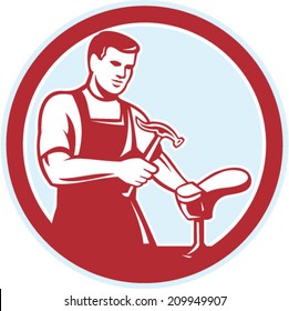 Illustration of a shoemaker cobbler shoe repair with hammer and shoe working set inside circle on isolated white background done in retro style.