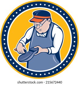 Illustration of a shoemaker cobbler shoe repair holding shoe working set inside circle on isolated background done in cartoon style.