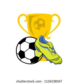 Illustration shoes football green vector with ball and trophy