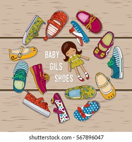 Illustration shoes for girls and doll arranged in a circle	

