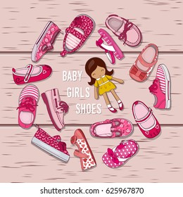 Illustration Of Shoes For Girls And Doll Arranged In A Circle