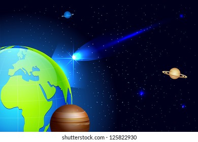 illustration of shooting comet coming towards earth in universe