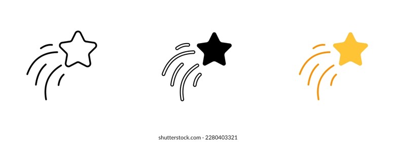 Ilustración de una estrella fugaz, un evento celeste que a menudo se asocia con hacer deseos o buena suerte. Conjunto vectorial de iconos en línea, de color y negro aislados.