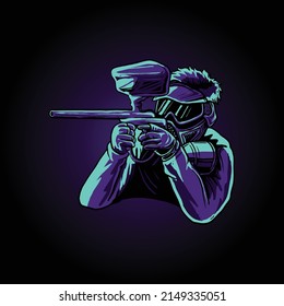 illustration of shooting using a paintball gun in dark and neon blue shades