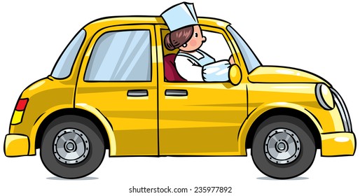 Illustration of a shop assistant in a cap and oversleeves drive a car