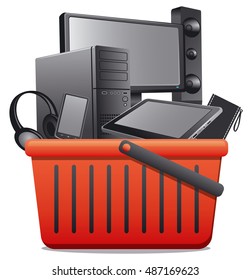 illustration of shop basket with computer devices
