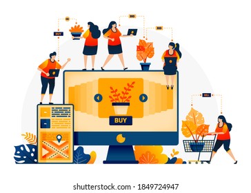 Illustration of shop and find plants at best prices. E-commerce and delivery services with mobile apps. Looking for monstera plants online. Landing page template for web, websites, site, banner, flyer