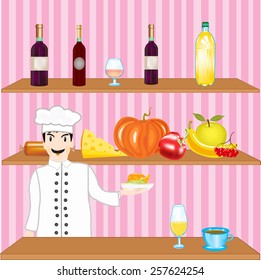 The Illustration of the shop with product and drink.Vector illustration