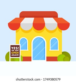 Illustration of Shop or Store with Yes! We Are Open Again Text on Board.