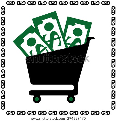 Illustration of shop trolley with dollars inside, vector.
