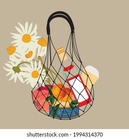illustration with shoping bag and products, vector design for paper, fabric and other surfaces