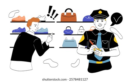 Illustration of a shoplifter caught by a security officer, set in a store with shoes and handbags displayed. Simplistic style on white background. Concept of theft prevention. Vector illustration.