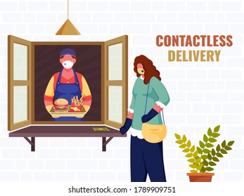 Illustration of Shopper Woman Giving Food Parcel to Customer from Window During Coronavirus for Contactless Delivery Concept.