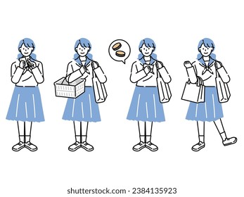 An illustration of a shopper.Women, high school girls, students, 17-year-olds, save money, payments, cashless and points. svg