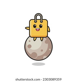 illustration of shopping bag cartoon sitting on the moon , cute style design for t shirt, sticker, logo element