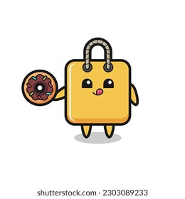 illustration of an shopping bag character eating a doughnut , cute style design for t shirt, sticker, logo element