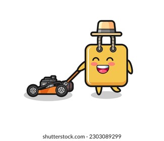 illustration of the shopping bag character using lawn mower , cute style design for t shirt, sticker, logo element