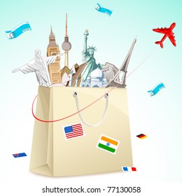 illustration of shopping bag full of famous monument with air ticket and airplane flying