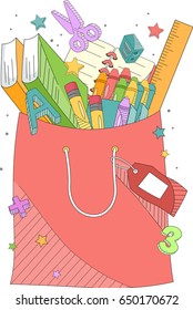 Illustration of a Shopping Bag full of School Supplies like Notebooks, Crayons and Pencils