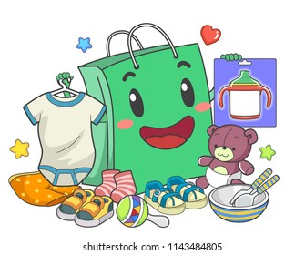 Illustration of a Shopping Bag Mascot Holding Toddler Things like Onesies, Sippy Cup and Toys