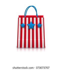 Illustration Shopping Bag in USA Patriotic Colors for National Holidays. Packet Isolated on White Background - Vector