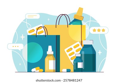 Illustration of shopping bags with medicines, pills, and bottles on a light, abstract background. Represents online pharmacy and healthcare shopping. Vector illustration