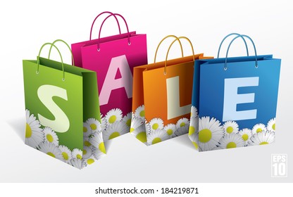 Illustration Of Shopping Bags On White. Spring Sale. Vector. Isolated. 