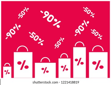 Illustration of shopping bags with percentage; white bags on red background. Vector illustration for prints, stickers, banners, posters and flyers, online store, for mobile concept and web design.