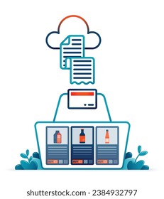 Illustration of shopping basket in line style containing basic grocery items metaphor for check out payments receipts in cloud. Can be used for posters, websites, brochures, banners
