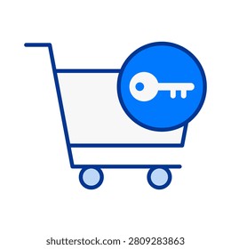 Illustration of a shopping cart featuring a key symbol representing security and online shopping protection.