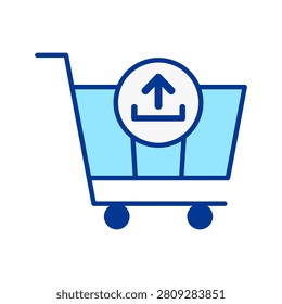 Illustration of a shopping cart featuring an upload symbol representing online shopping and e-commerce activities