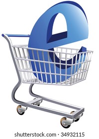 Illustration of a shopping cart with a large E symbol representing ecommerce