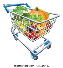 An illustration of a shopping cart trolley full of healthy fresh vegetables