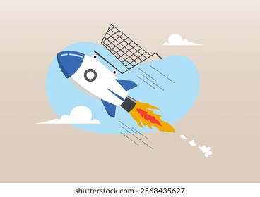 An illustration of shopping cart or trolley on fast rocket booster flying hight in the sky. Boost sales and increase profit, develop business growth, inflation and price concept