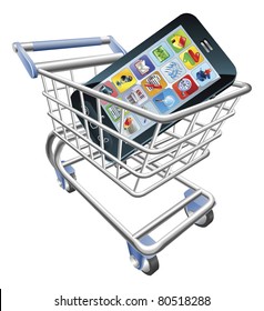 An illustration of a shopping cart trolley with smart phone mobile phone