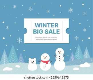 Illustration of a shopping discount banner with a coupon with the phrase 'Winter big Sale' on a snowy background and trees in a winter concept.