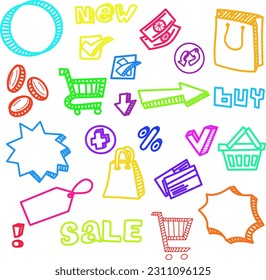 Illustration of shopping doodles hand drawn set.