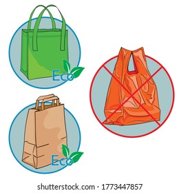 Illustration of shopping eco bags versus plastic. A textile bag, a paper bag and a plastic bag. Icons for the selection of packaging materials that do not harm the environment.