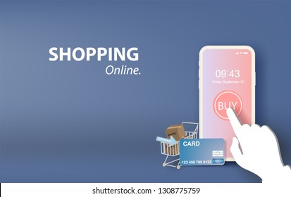 illustration of shopping online  on Mobile Application Vector Concept. banner of phone app templates design. Website or Mobile Application Vector Concept Digital marketing view.paper art and craft.