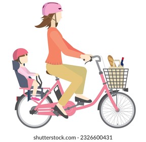 Illustration of a shopping woman and a child wearing a helmet riding an electric assist bicycle.