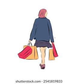 ilustração de mulher de compras segurando sacos de compras