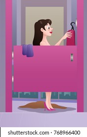 illustration of a shopping woman on changing room on mall