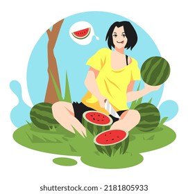 Illustration Of Short Hair Young Teenage Girl Cutting Watermelon With Knife. Happy Expression. Sitting Position. Nature Background, Grass Tree. Fruit Icon.  Theme Of Fruit, Healthy, Food. Flat Vector