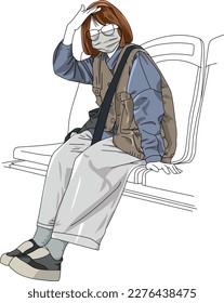 illustration of a short haired teenage girl sitting on a bus