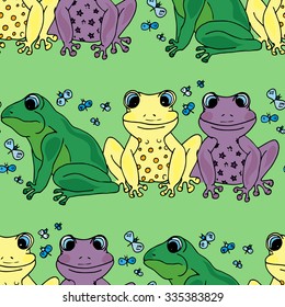 Illustration should be different than that. Colored frogs. Seamless pattern.