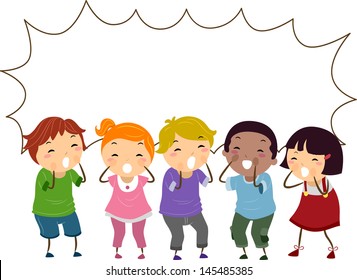 Illustration of Shouting Stickman Kids with Blank Speech Bubble