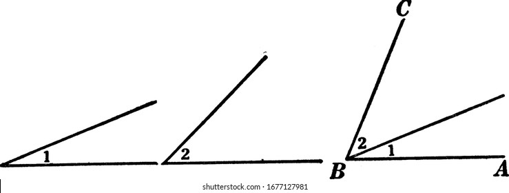 An illustration to show that the sum of angle 1 and angle 2 is angle ABC, in three different images, vintage line drawing or engraving illustration.