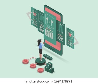 The Illustration Show The Women Stand In Front Of The Mobile Phone And See Review On Each Product That The Screen Pop Up In The Air. The Illustration About Online Shopping With Isometric Design.