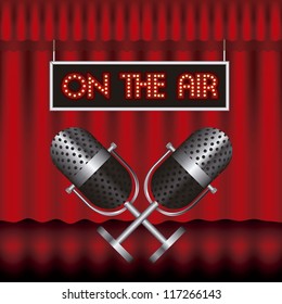 Illustration of showbiz, lettered sign with bulbs and red curtain, vector illustration