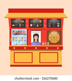 Illustration Showcase Shop of Fast Food with Seller, Modern Simple Design - Vector